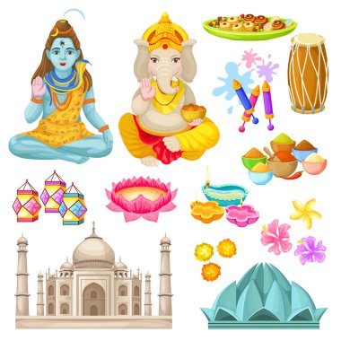 Renkli Hint kültür öğeleri kümesi