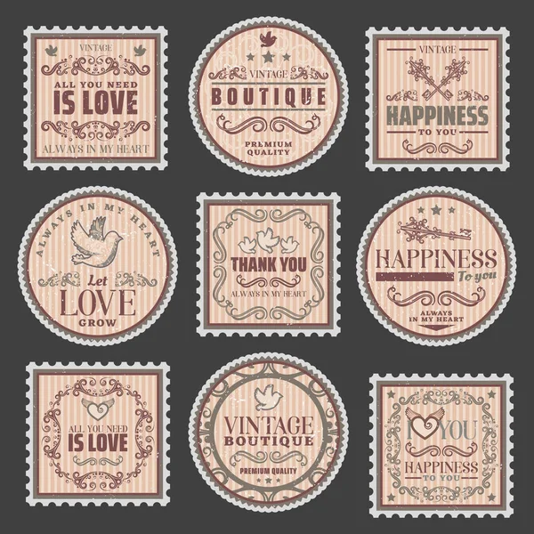 Vintage Romantic Colored Stamps Set — Stock Vector