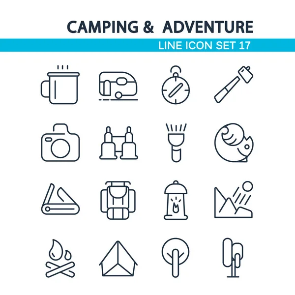 Camping a dobrodružné linie Icon Set — Stockový vektor