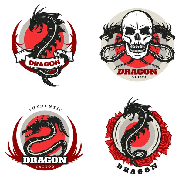 Conjunto de emblemas de dragão de tatuagem colorida vintage —  Vetores de Stock