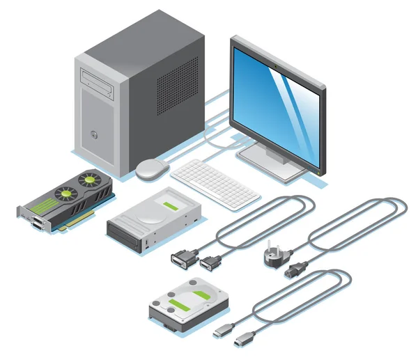 Koleksi Bagian Komputer Isometrik - Stok Vektor
