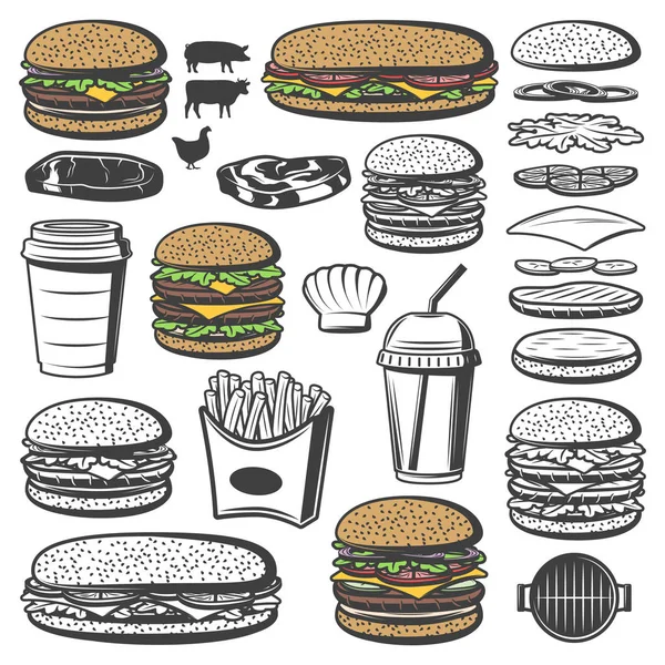 Vintage Hamburger elementen Set — Stockvector