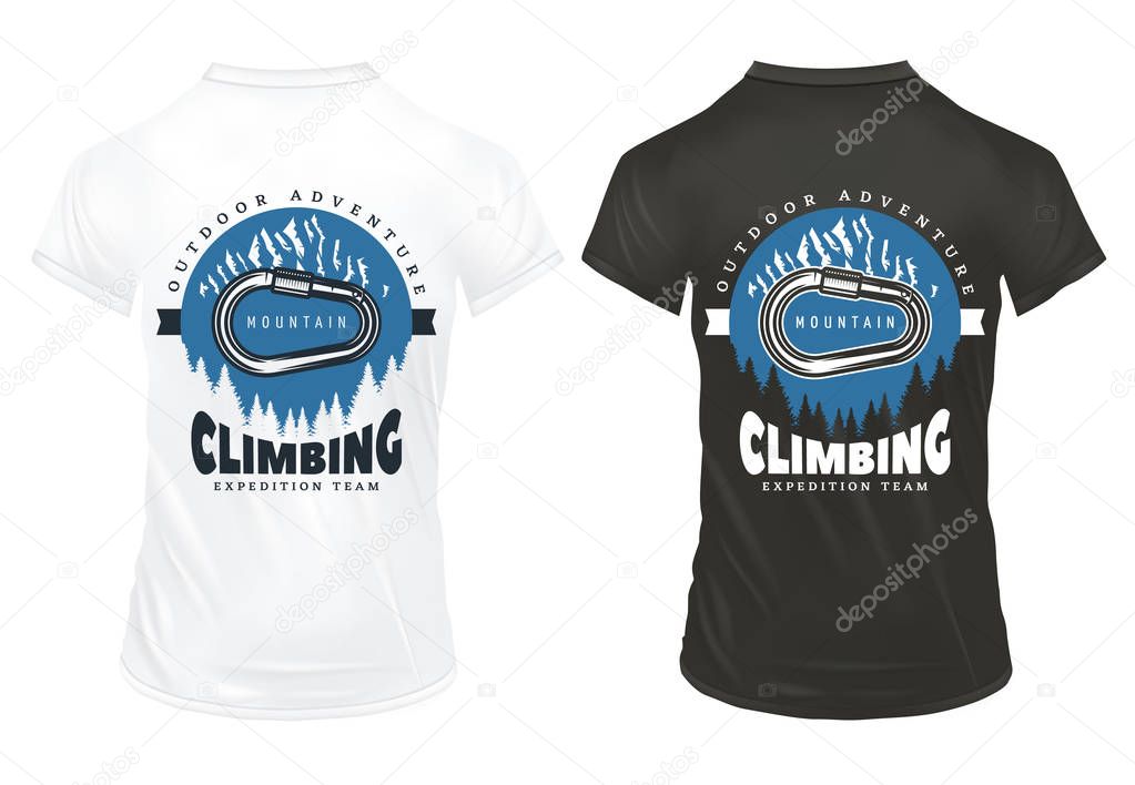 Vintage colored mountain climbing print template with inscription metal carabiner nature landscape on black and white shirts isolated vector illustration
