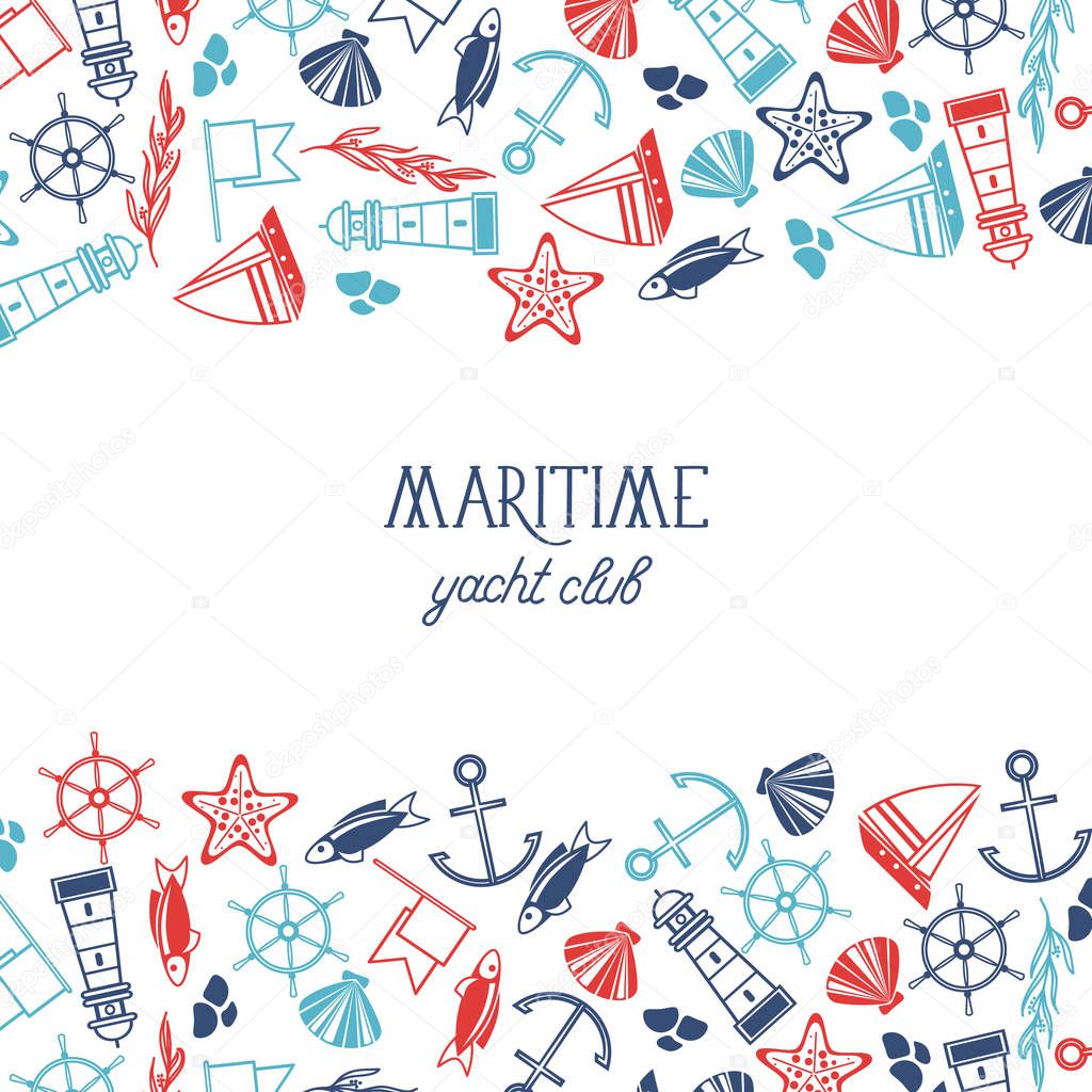 Colorful yacht club poster divided on three parts where upper and under ones consist of maritime elements such as coquille, seaweed, stones and central part on white background vector illustration