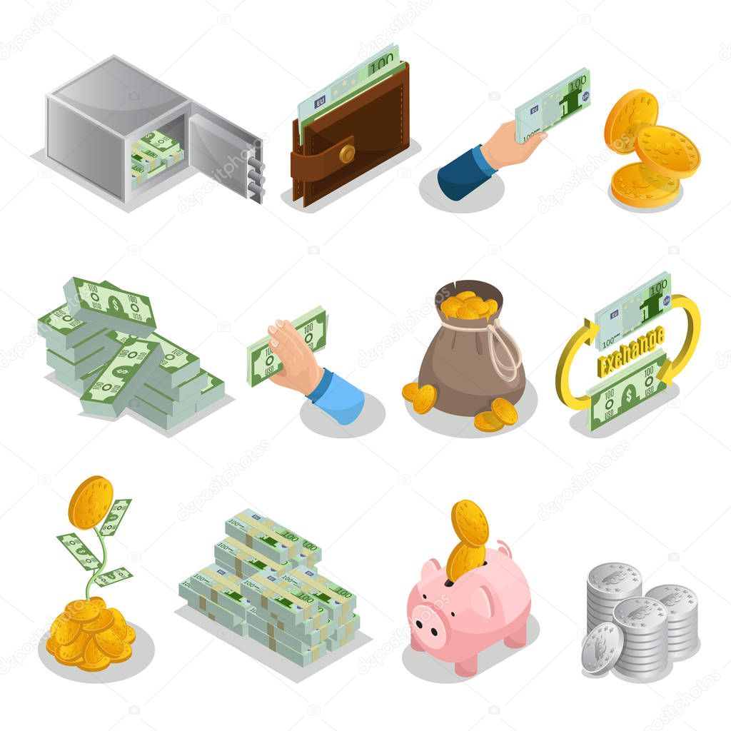 Isometric Cash Icons Set