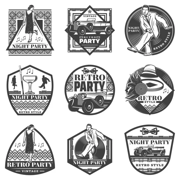 Vintage zwart-wit Retro Party Labels Set — Stockvector