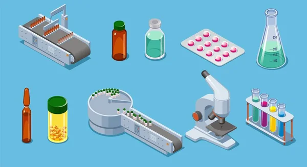 Set de elementos de la industria farmacéutica isométrica — Vector de stock