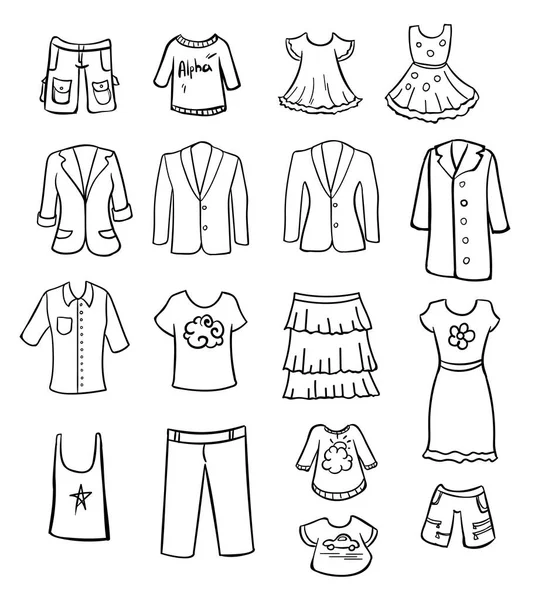 Collection de vêtements de famille monochromes dessinés à la main — Image vectorielle