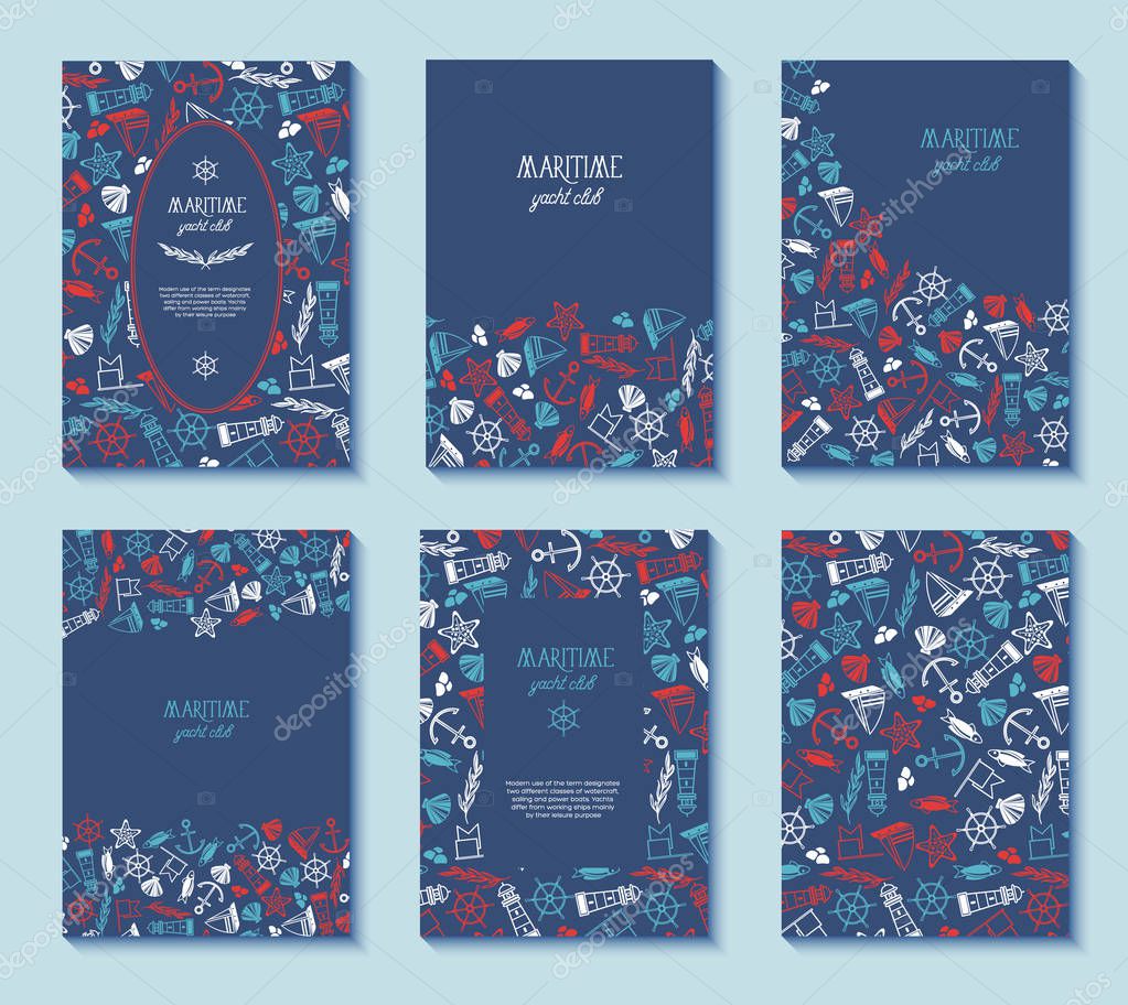 Set of six maritime yacht club poster with different frames on the blue background decorated by the numerous symbols including fish, ship, red stars vector illustration