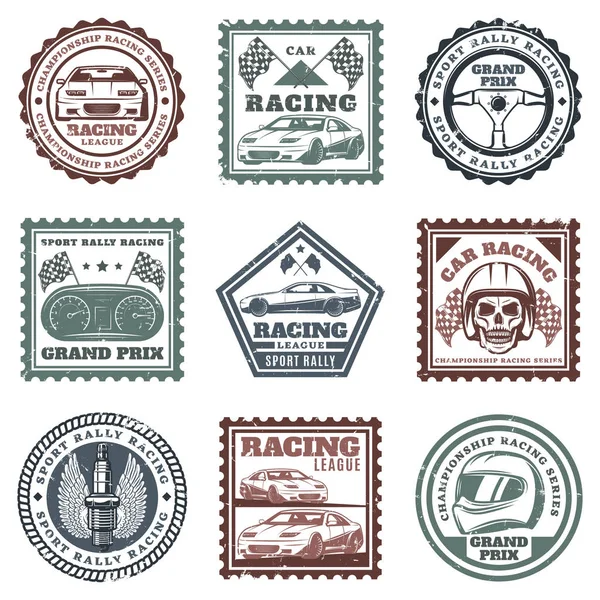 Vintage Bil Sport Racing Frimärken Set — Stock vektor