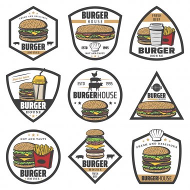 Vintage renkli Burger etiketleri kümesi