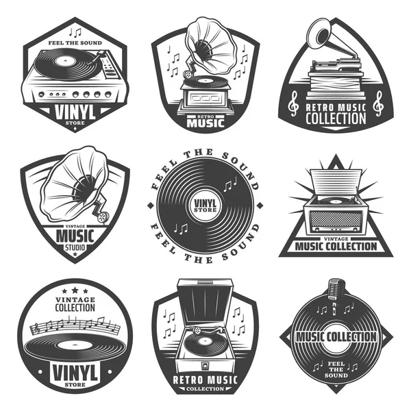 Vintage Monochrome Gramophone Labels Set — Stock Vector