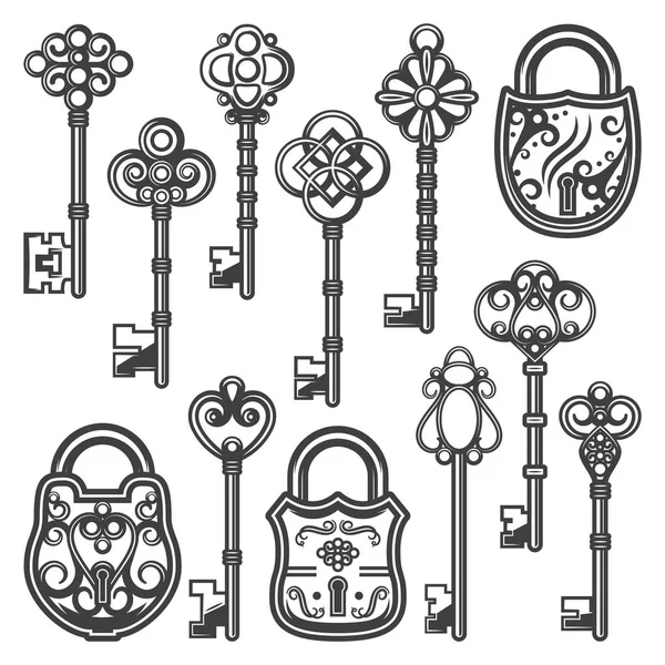 Vintage ozdobnych klucze i zamki kolekcji — Wektor stockowy
