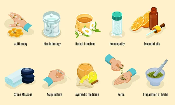 Conjunto de elementos isométricos de medicina alternativa — Archivo Imágenes Vectoriales