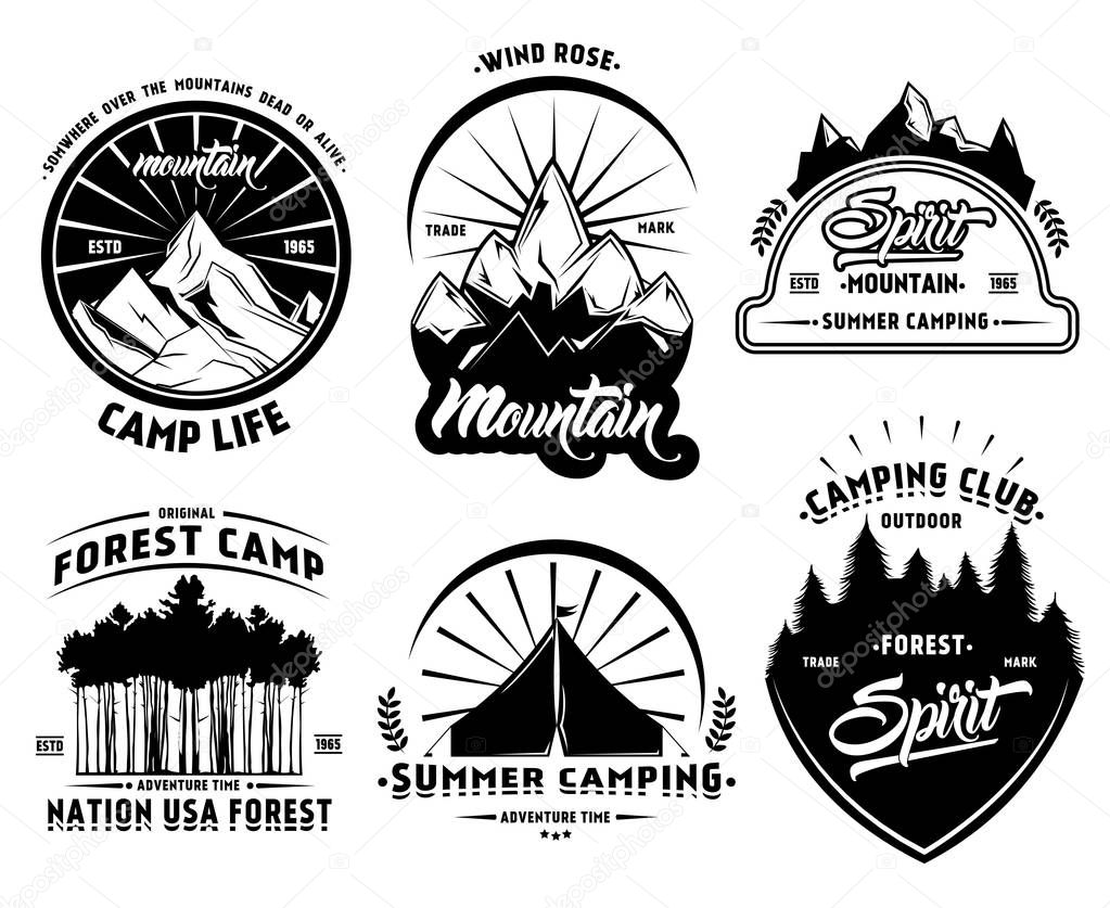Outdoor camping labels set with mountains forest and tent in vintage style isolated vector illustration