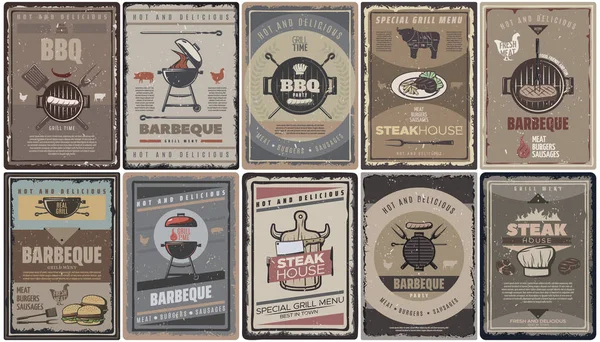 Vintage gekleurde Barbecue Brochures collectie — Stockvector