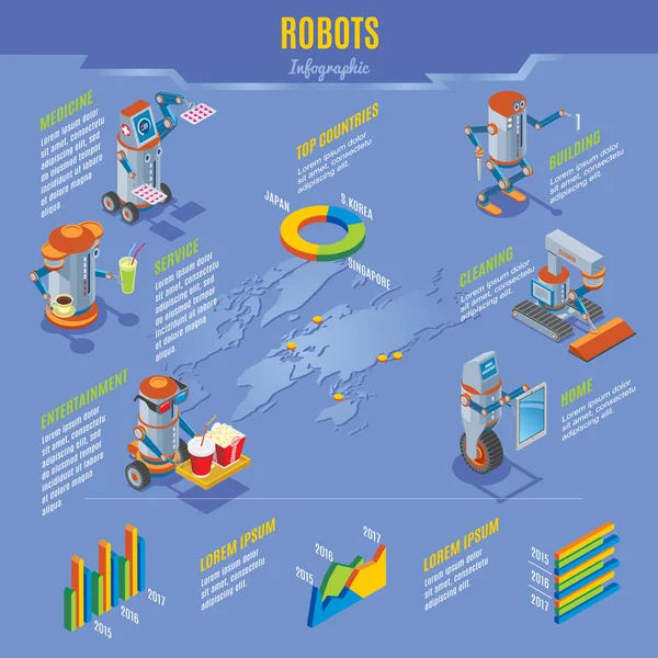 Conceito Infográfico de Robôs Isométricos —  Vetores de Stock
