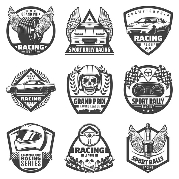 Vintage Monocromo etiquetas de carreras de coches conjunto — Vector de stock