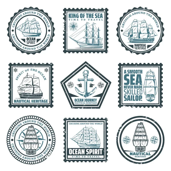 Vintage Ships And Vessels Stamps Set — Stock Vector