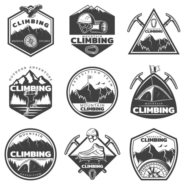 Vintage Monochrome Mountain Climbing Labels Set — Stock Vector