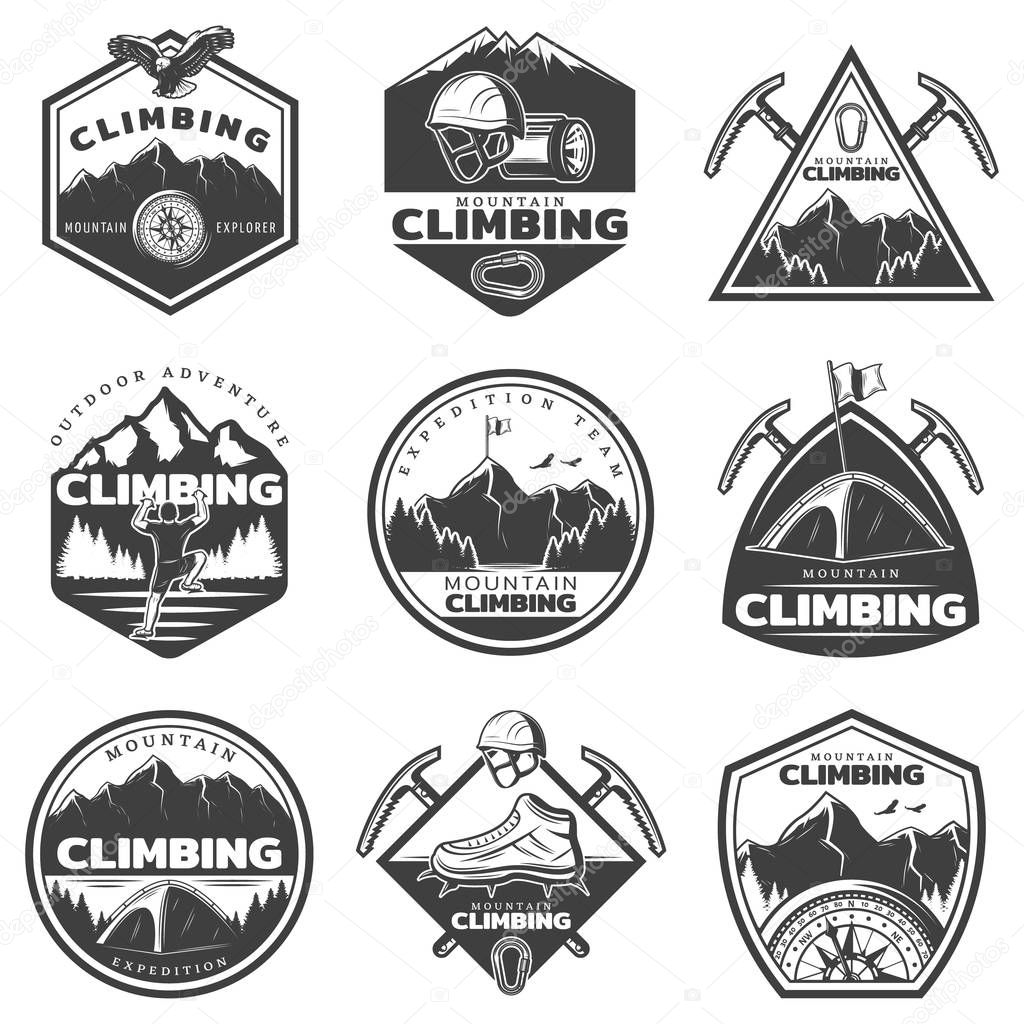 Vintage monochrome mountain climbing labels set with climber professional equipment tools and nature landscape isolated vector illustration