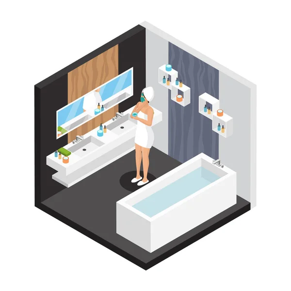 Femme isométrique dans la salle de bain Concept — Image vectorielle