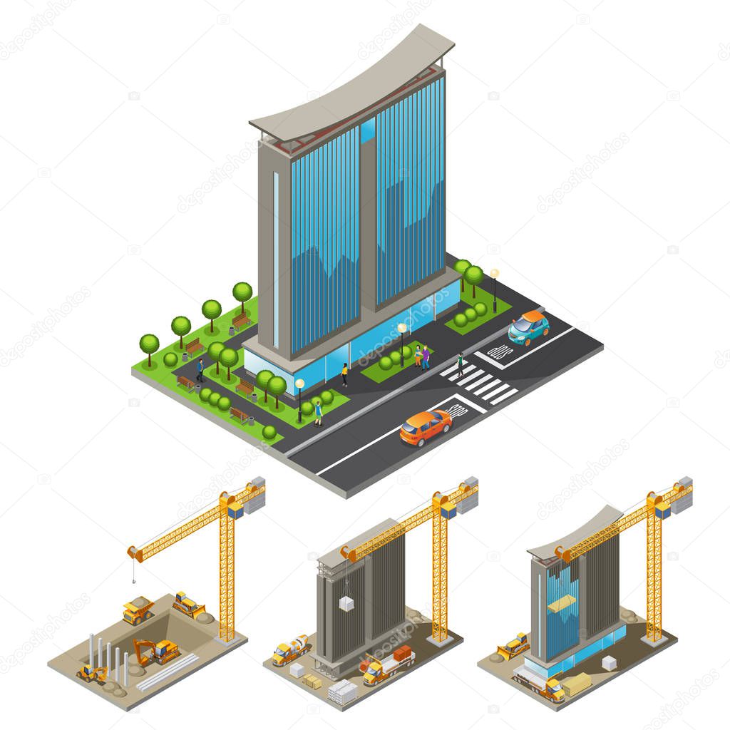 Isometric Building Construction Process Concept