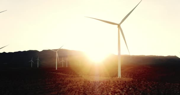 Turbinas Eólicas Girando Pôr Sol Deserto — Vídeo de Stock