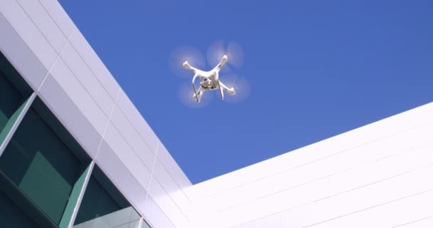 Drone Branco Voando Contra Céu Azul — Vídeo de Stock