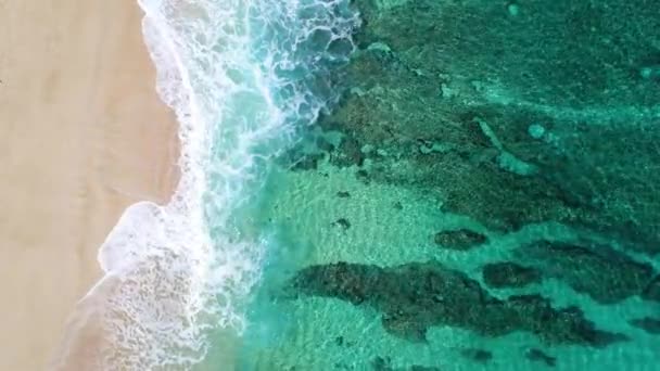 Vista Aérea Océano Olas Estrellándose Costa Tópica Playa Arena Blanca — Vídeos de Stock