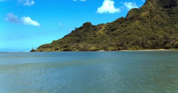 ハワイのオアフ島の東側の緑豊かなジャングルの山の風景に向かって飛んで熱帯の青い水の上低空撮 — ストック動画