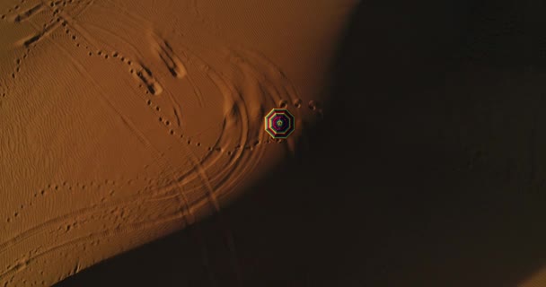 Aerial Top View Colorful Beach Umbrella Top Sand Dune Sunset — Stock Video