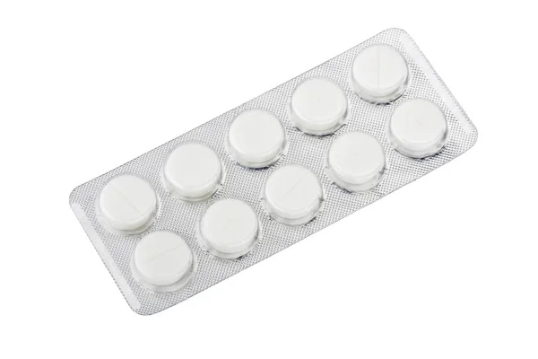 Medical pills in silver blister packs isolated on white backgrou — Stock Photo, Image