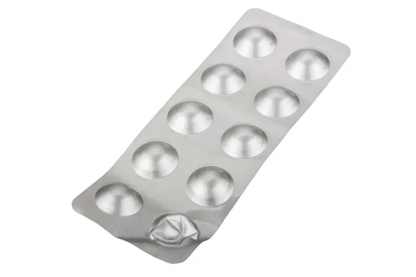 Medical pills in silver blister packs isolated on white backgrou — Stock Photo, Image