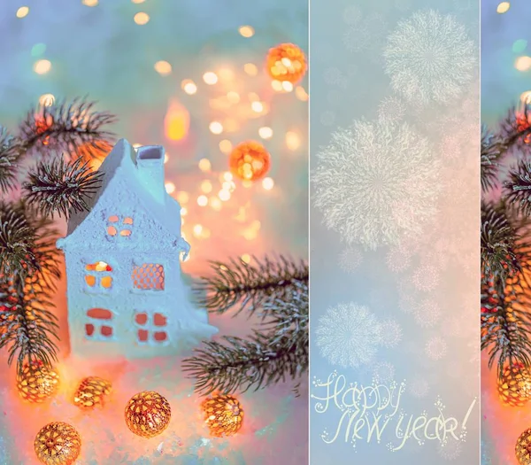 Üdvözlőlap Boldog Karácsonyt. Gyönyörű elmosódott kék háttér téli dekoráció az ünnep. — Stock Fotó