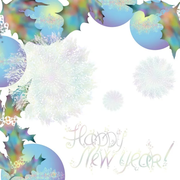 Sféry zářící s cesmínou větví. Šťastný Nový rok karty.Modré koule s květinami a prolamování image. Bílé pozadí — Stock fotografie