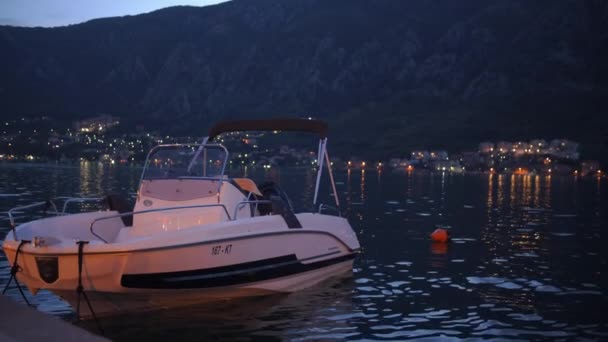 Човен сідає на хвилі біля узбережжя затоки Бока Котор., Чорногорія 2019 рік. — стокове відео