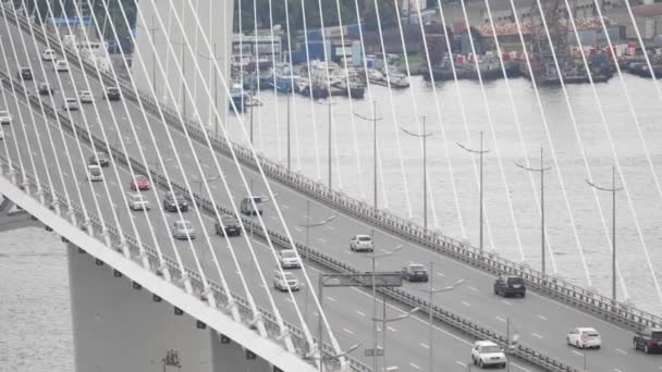 Russky Bridge from Russky Island to mainland Vladivostok. Russian Bridge from Russian Island. A lot of cars are going in different directions — Stock Video