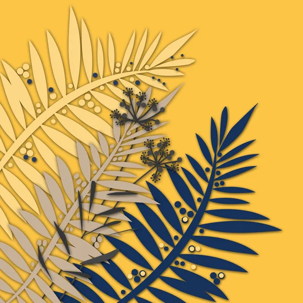 Tropical palm leaves print illustration on yellow