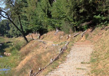 Kafkasyalı kadın, yürüyüş yolu boyunca uzanan bir alp gölü üzerindeki yansımaları düşünüyor.