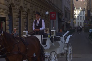 Wien, Avusturya - 2019: Turistler Tipik bir tamirci olan at arabasıyla Wien şehir merkezini ziyaret ettiler.