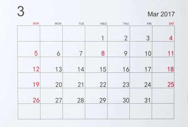 Kalendarz dla marca 2017 r. — Zdjęcie stockowe
