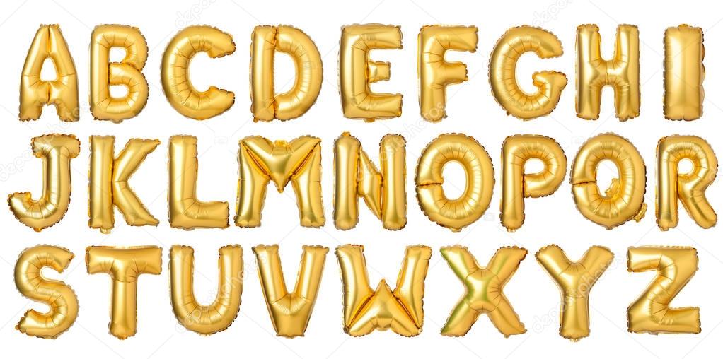 English alphabet from golden balloons isolated on white backgrou