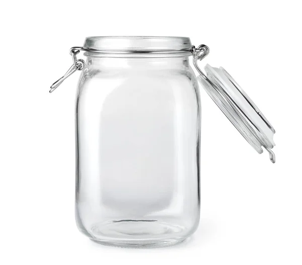 Opened Empty Glass Jar Isolated White Background — Stock Photo, Image