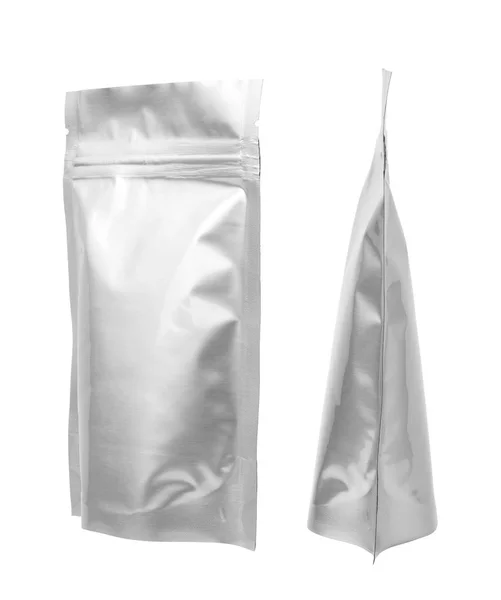 Silverfolie Blixtlås Väska Förpackning Isolerade Vit — Stockfoto