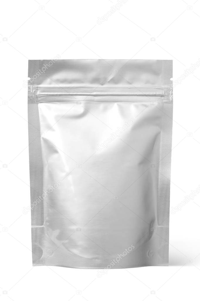 Silver foil zipper bag packaging, Isolated on white.