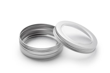 Empty silver aluminum jar isolated on white background. Container for cosmetic or food.