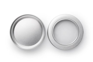 Top view of silver aluminum jar isolated on white background. Container for cosmetic or food.