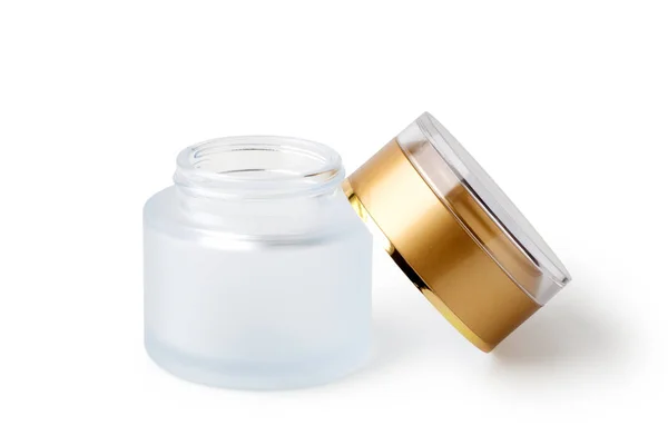 Lege Cosmetische Glazen Pot Met Gouden Deksel Geïsoleerd Witte Achtergrond — Stockfoto