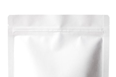 Beyaz kağıt fermuar torbası paketleme. Beyaz arkaplanda izole.